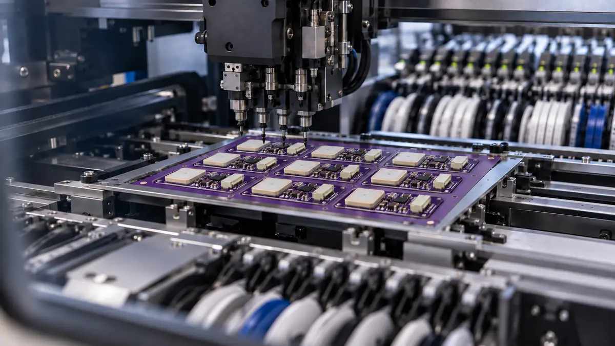 Illustration of automated electronics assembly with a purple panel of GNSS boards.