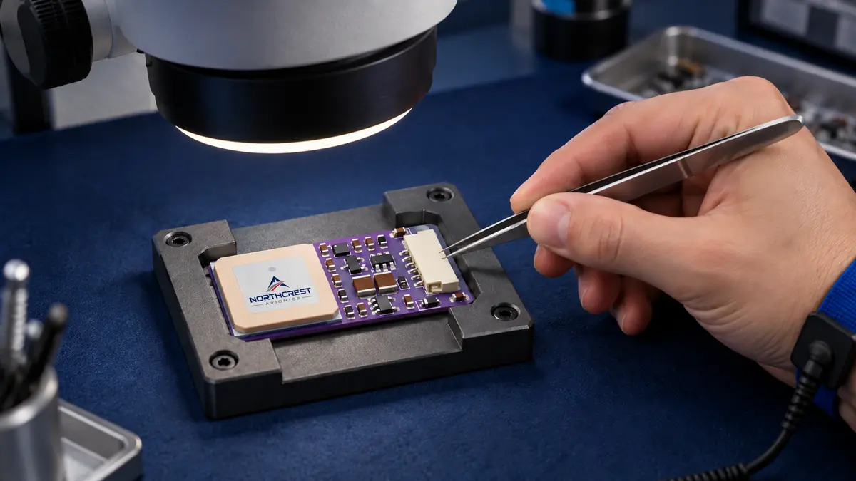 Illustrative close view of a purple GNSS board at an electronics inspection station.