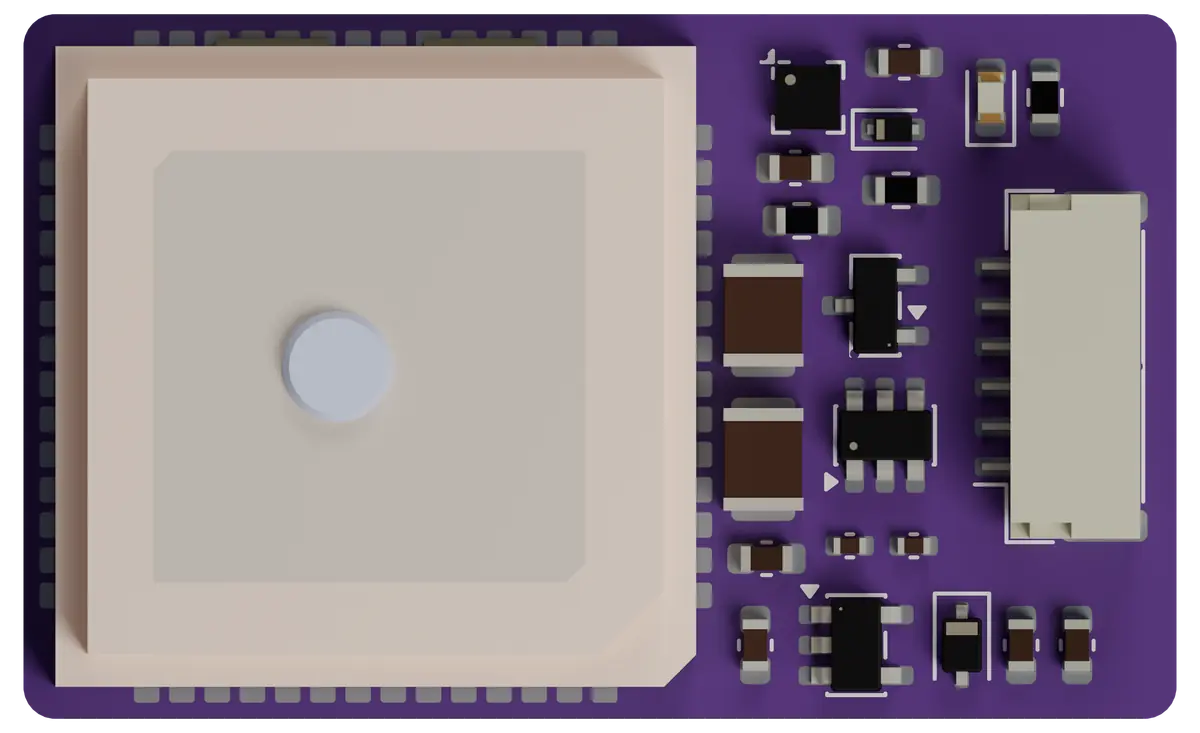 NCG-1-D rev A board, render, top view showing the dual-band receiver module, the compass and the JST GH 6-pin connector