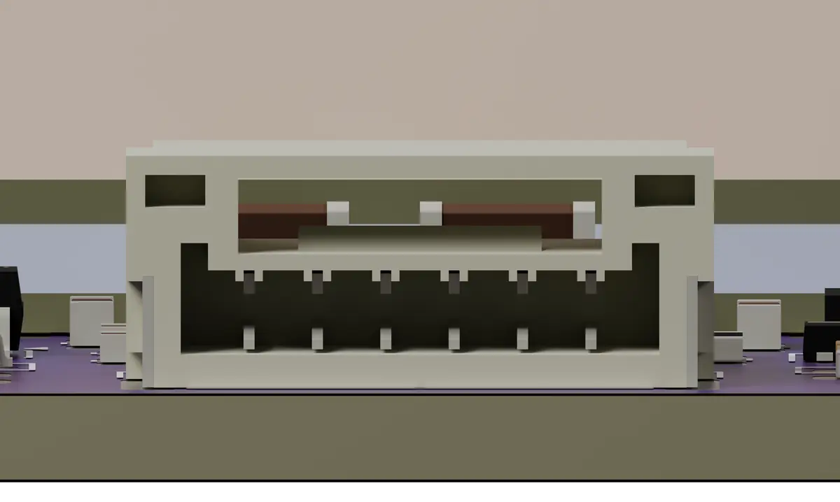 NCG-1-D rev A board, render, front view along the mating axis of the J1 JST GH 6-pin connector, showing its opening, keying and six contacts