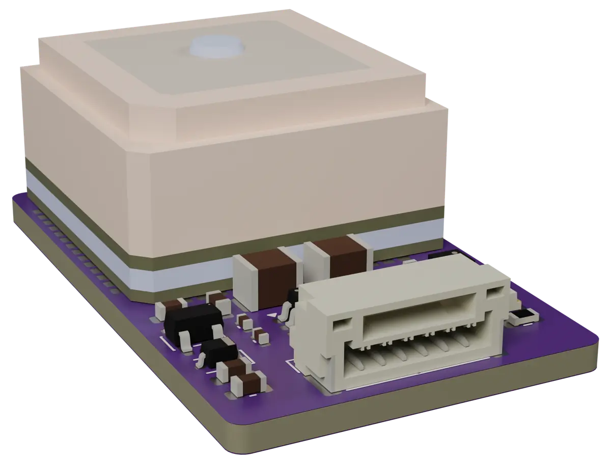 NCG-1-D rev A board, render, three-quarter view showing the dual-band receiver module and the JST GH 6-pin connector