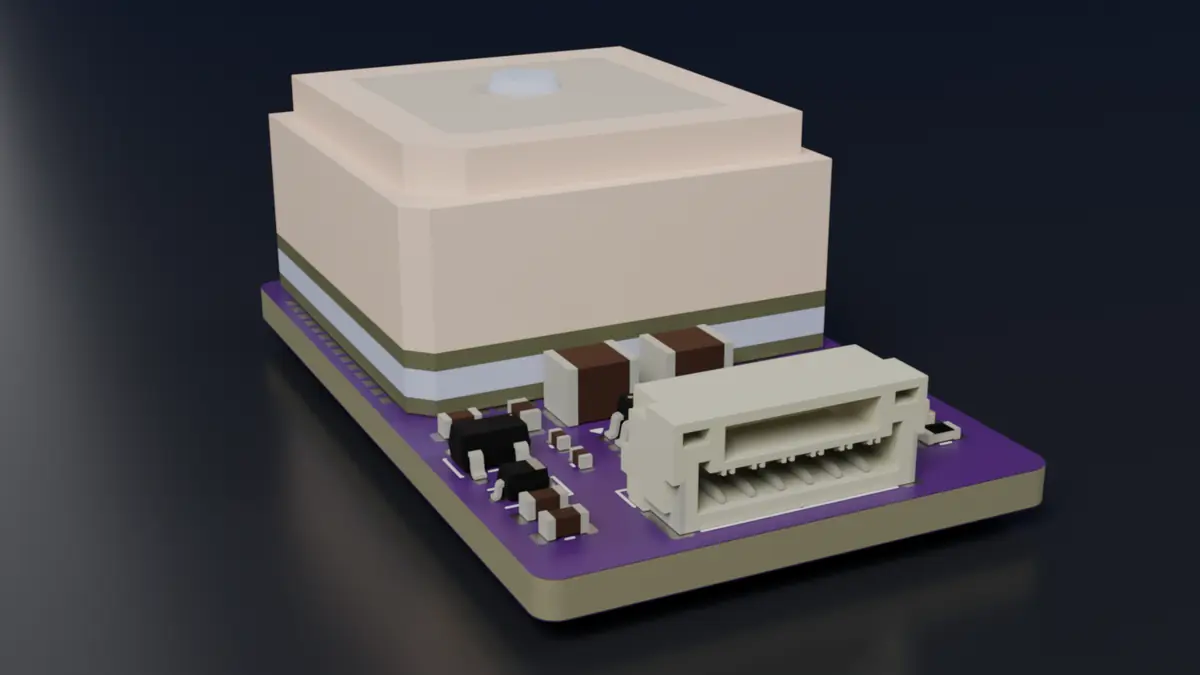 NCG-1-D rev A board, render, three-quarter view on a dark surface