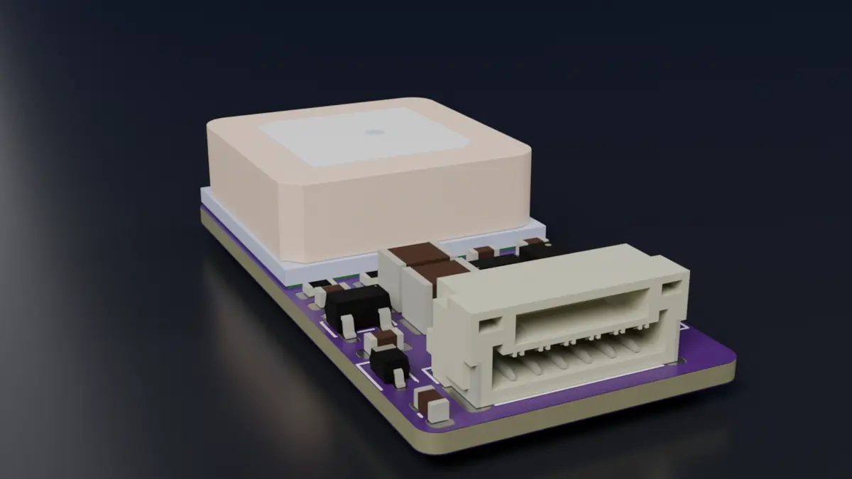 NCG-1 rev A board, render, three-quarter view on a dark surface